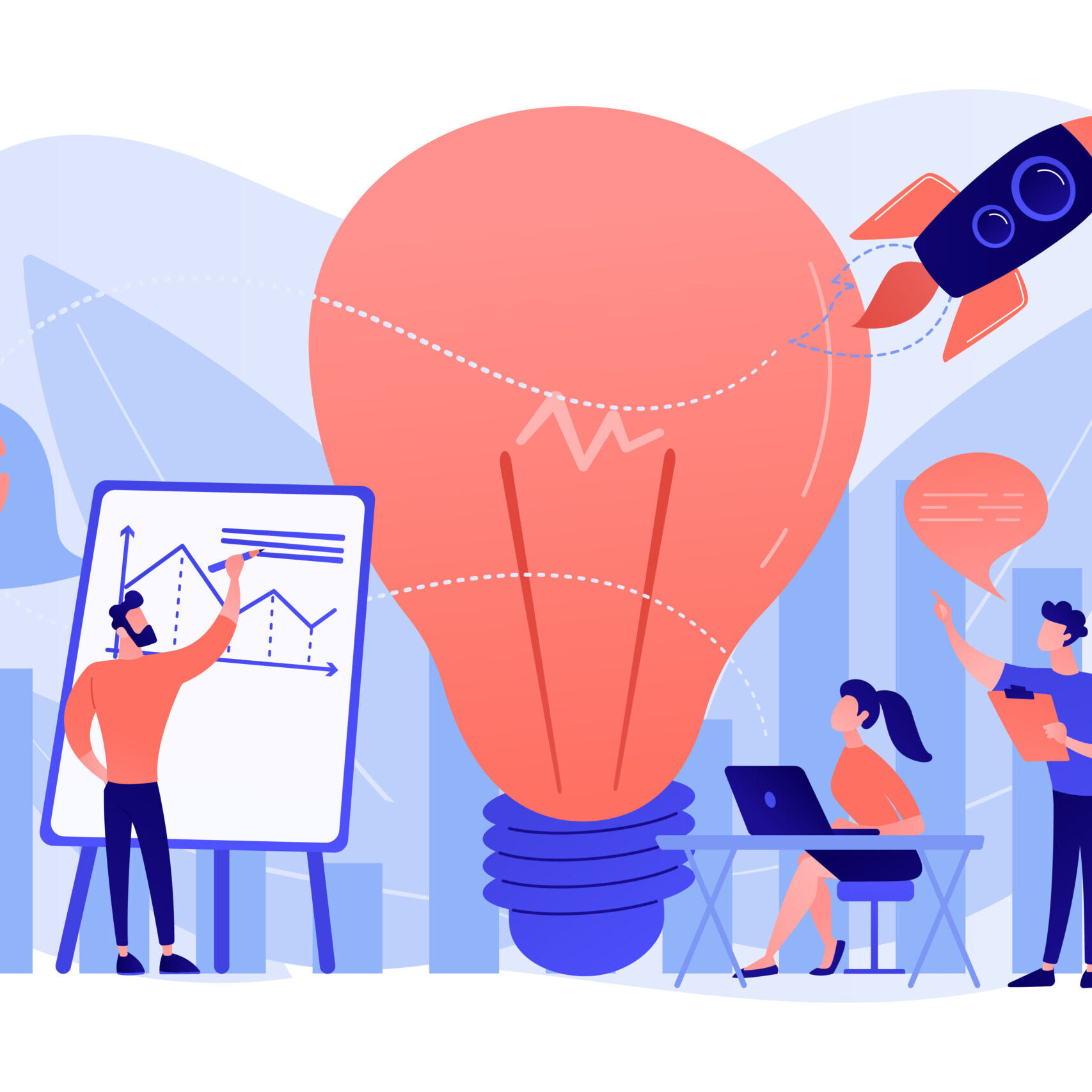 Business team brainstorm, lightbulb and rocket. Vision statement, business and company mission, business planning concept on white background. Pink coral blue vector isolated illustration
