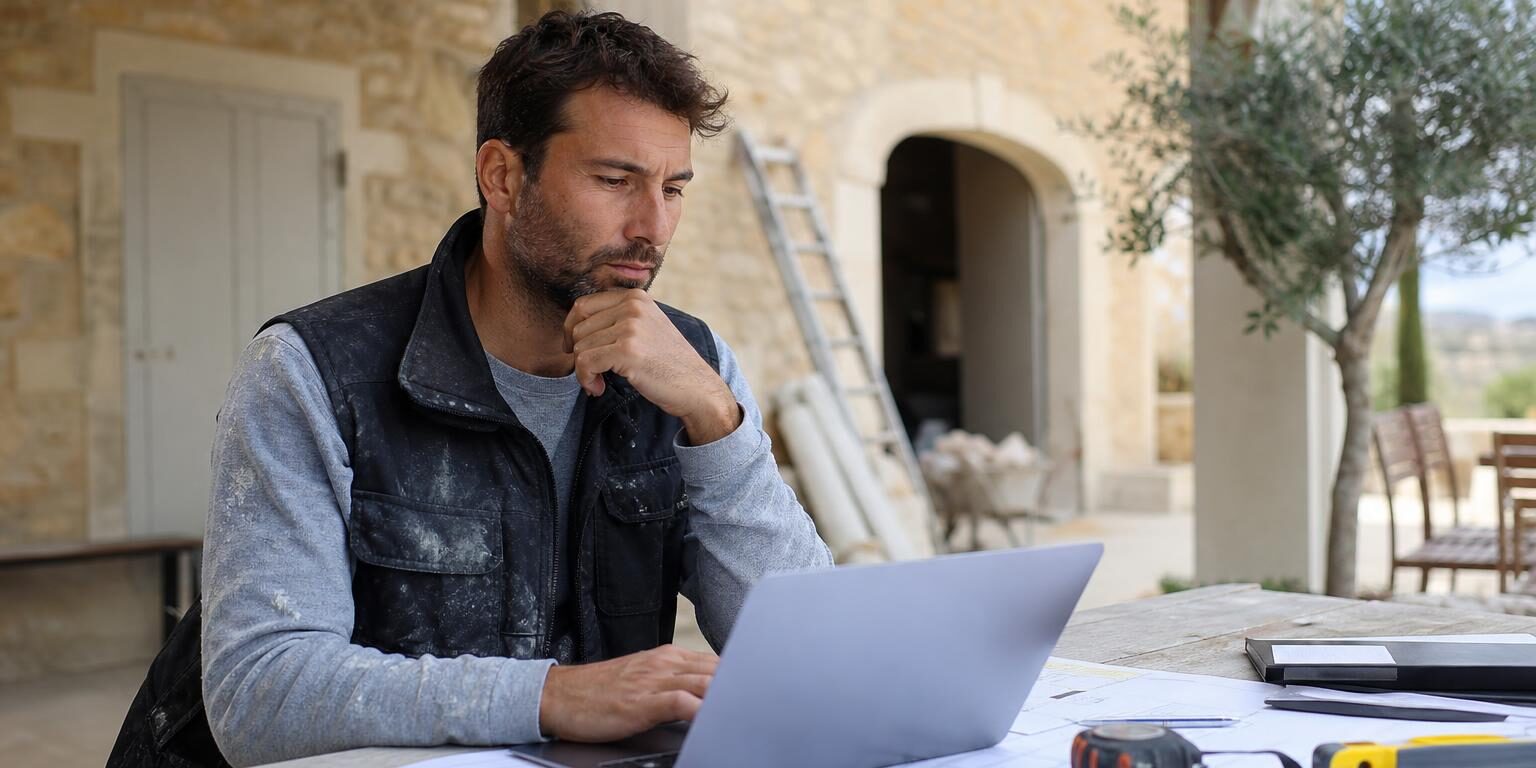 Artisan du BTP consultant sa stratégie web sur un ordinateur en Provence