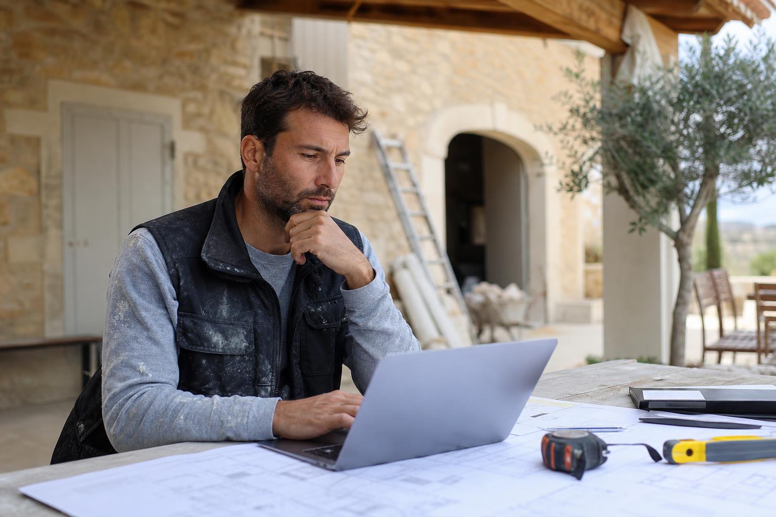Artisan du BTP consultant sa stratégie web sur un ordinateur en Provence