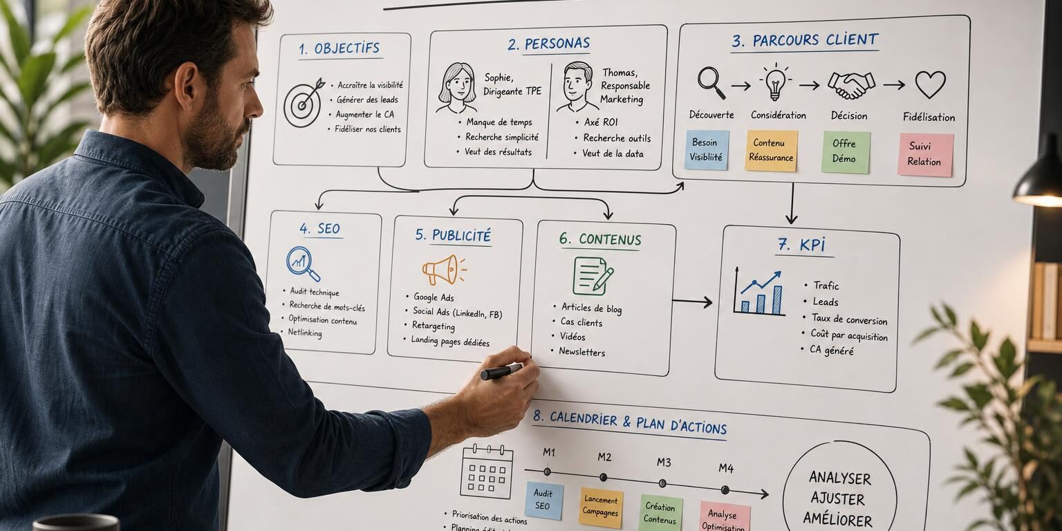 Comment construire une stratégie marketing digital efficace Dirigeant construisant une stratégie marketing digital cohérente et mesurable