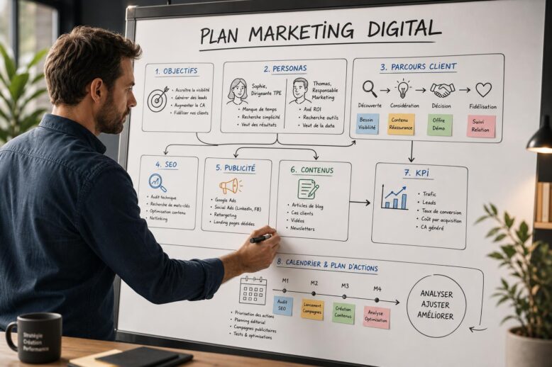 Dirigeant construisant une stratégie marketing digital cohérente et mesurable