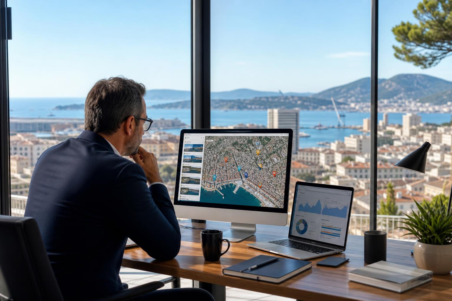 Consultant analysant une stratégie SEO Toulon sur un tableau de bord local