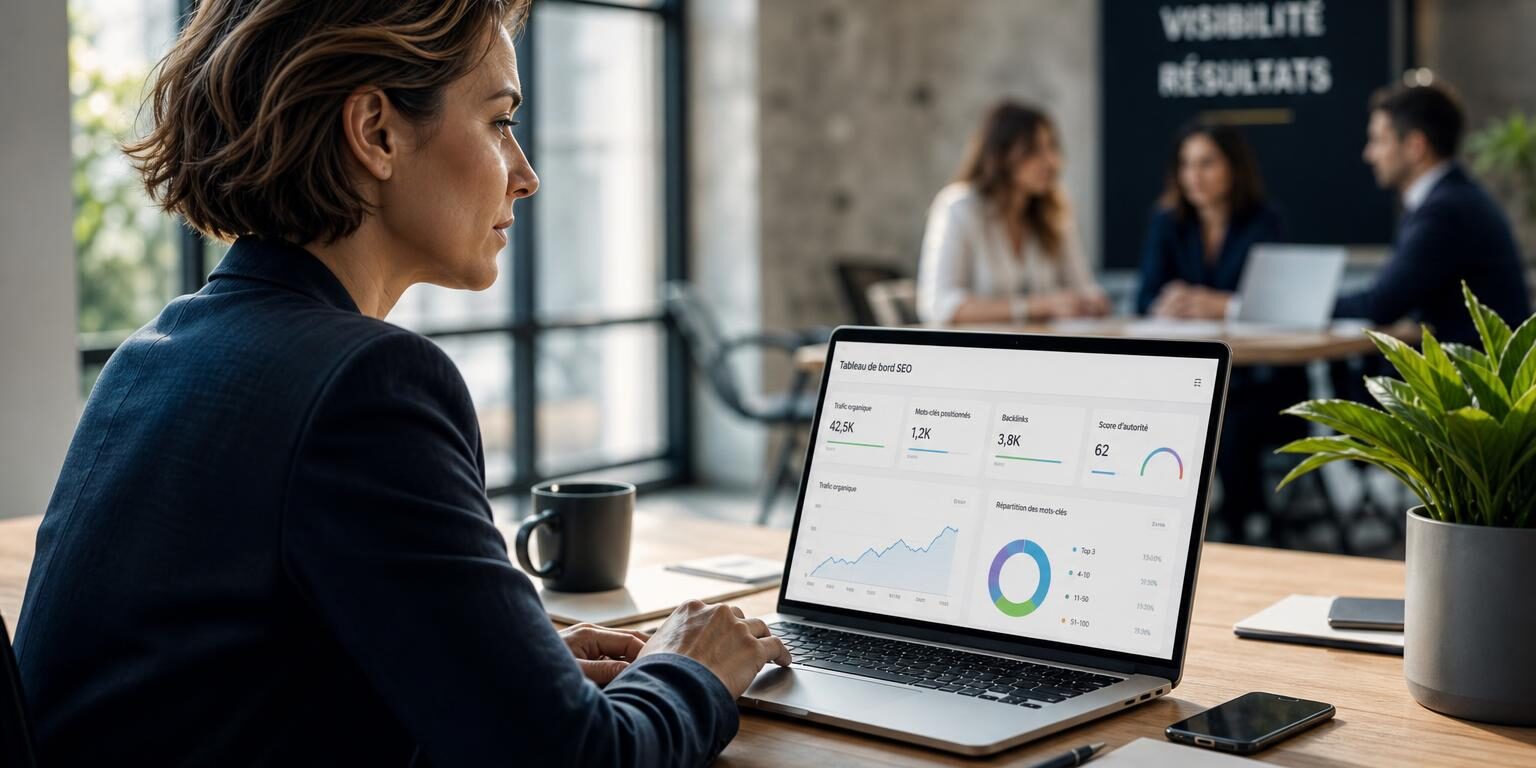 Pourquoi investir dans la visibilité en ligne des PME ? Dirigeante analysant la visibilité en ligne des PME et leurs canaux d’acquisition