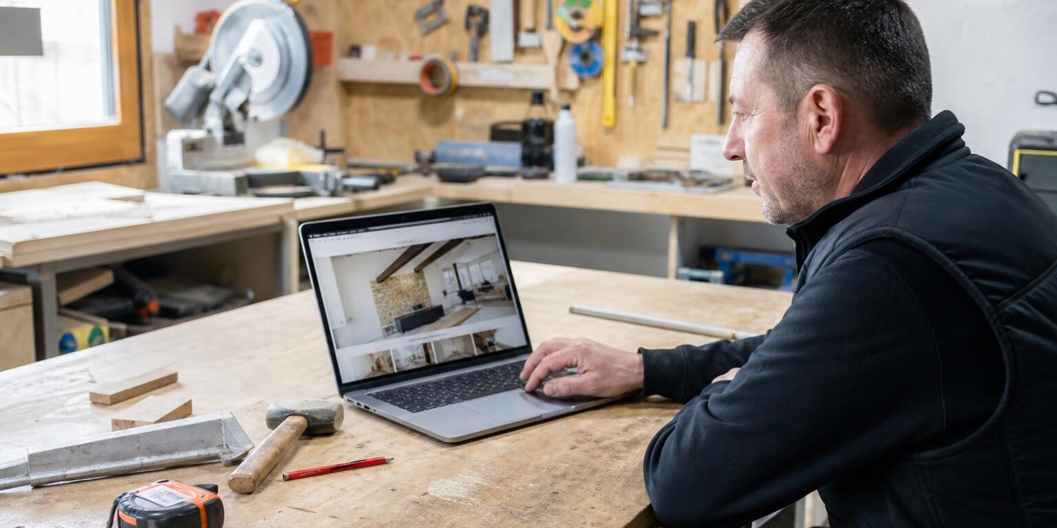 Créer un site internet pour artisan en 2026 : comment gagner en visibilité sans se ruiner ? Artisan consultant son site internet professionnel depuis un ordinateur portable